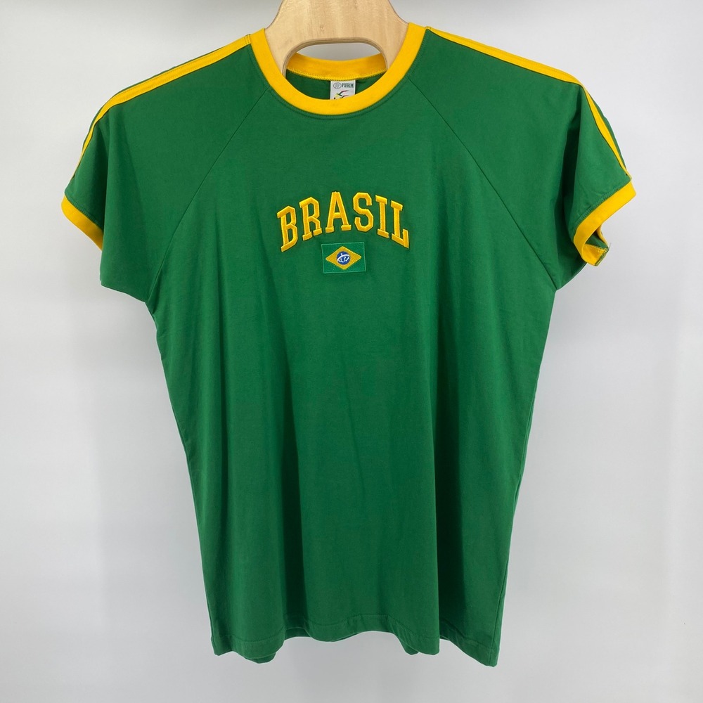 Pierim Brasil Ringer T-Shirt Green Yellow Raglan Sleeve XXL Made in Brazil